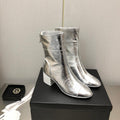 CHANEL BLOCK HEEL ANKLE BOOTS IN SILVER CALFSKIN