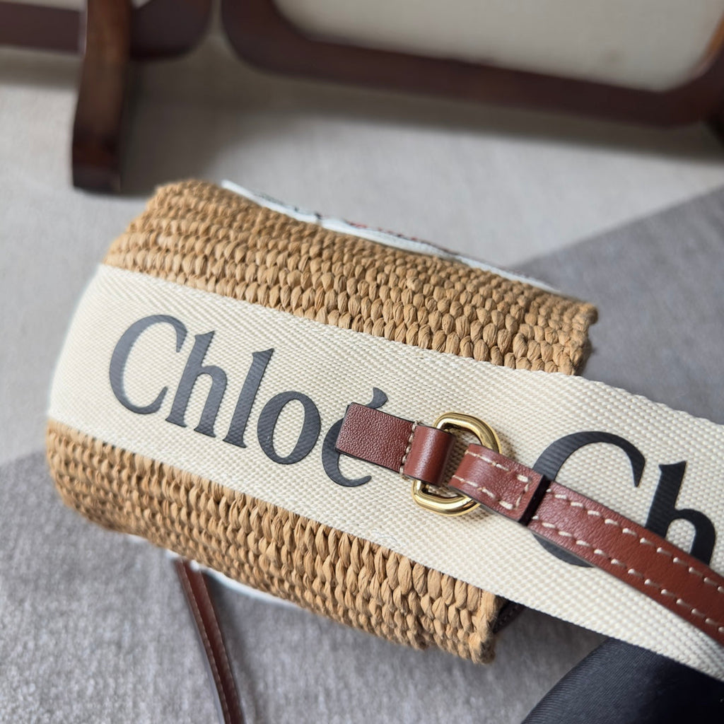 MY MELODY SMALL WOODY BASKET 17 IN NATURAL FIBERS BEIGE WEBBING BROWN CALFSKIN