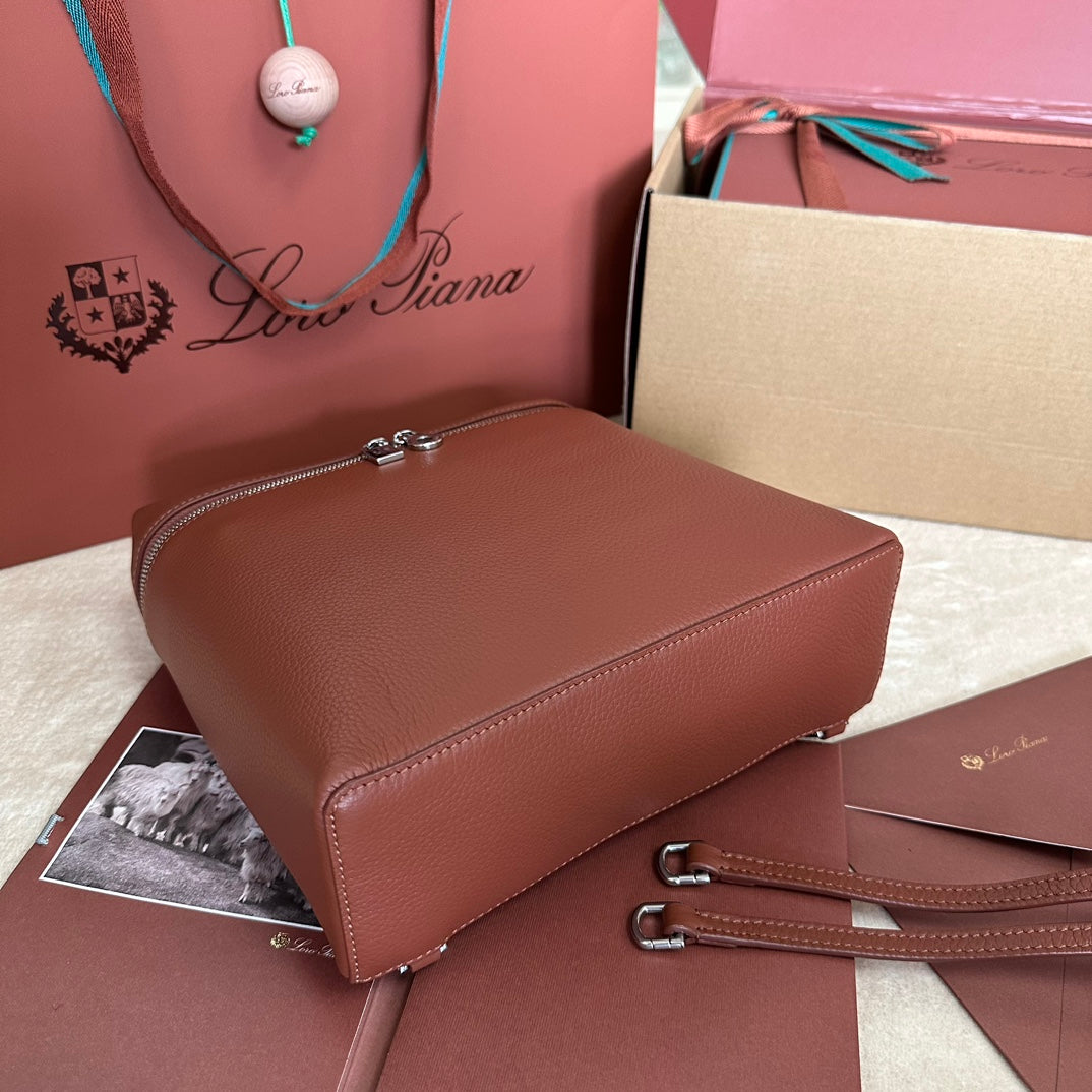 EXTRA POCKET BACKPACK L23.5 IN BRONZE BROWN CALFSKIN WITH SILVER HARDWARE