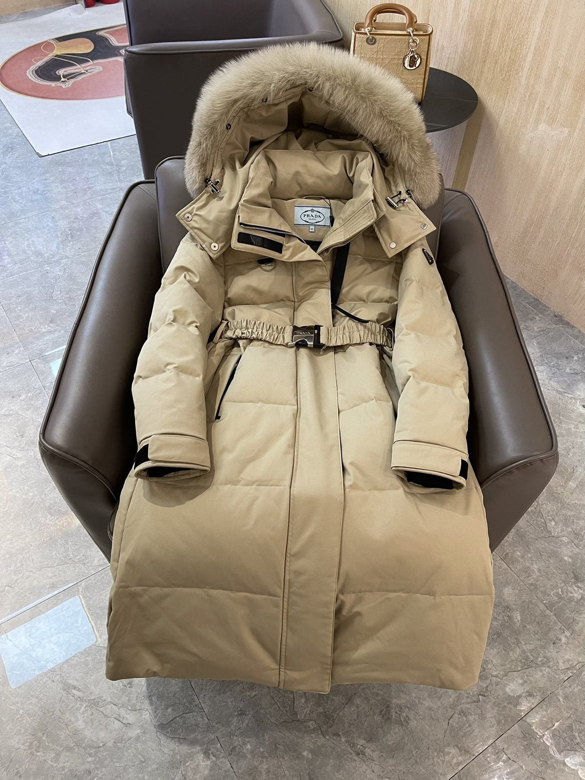 Prada Fur-Trim Belted Long Down Jacket — front