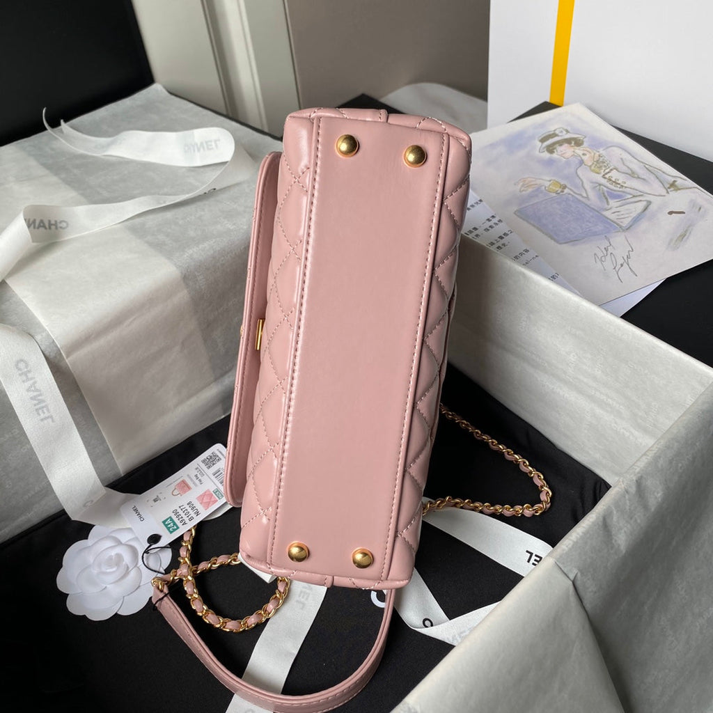 CHANEL 25S CLASSIC COCO HANDLE BAG 23 CM IN LIGHT PINK LAMBSKIN WITH GOLD HARDWARE