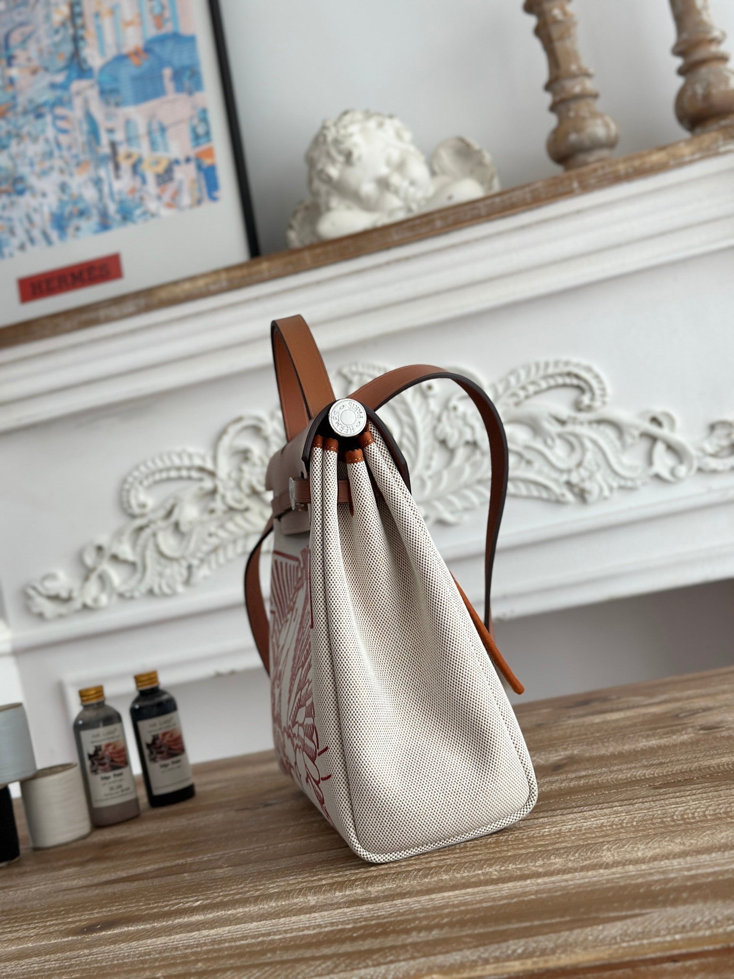 HERMES HERBAG ZIP 31 RETOURNE PEGASE POP BAG IN OFF-WHITE MIX RED CANVAS AND HUNTER COWHIDE