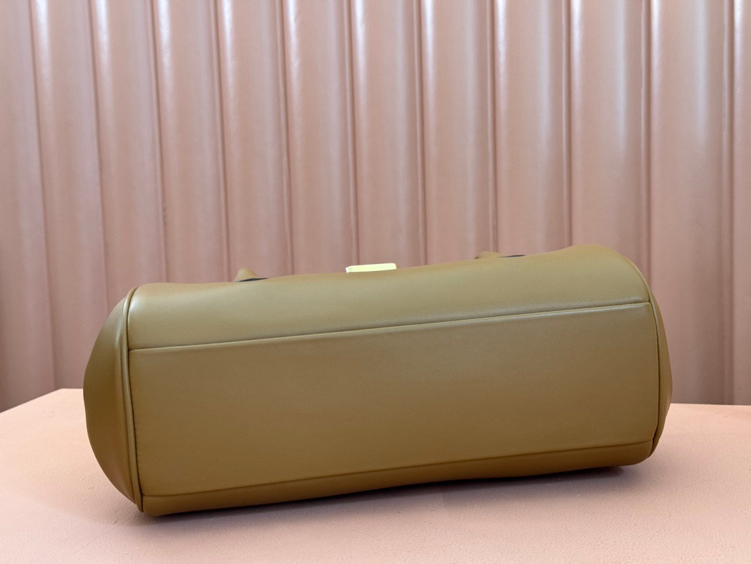 BEAU TOP HANDLE BAG 28 IN CHOCOLATE BROWN GLOSSY CALFSKIN GOLD HARDWARE
