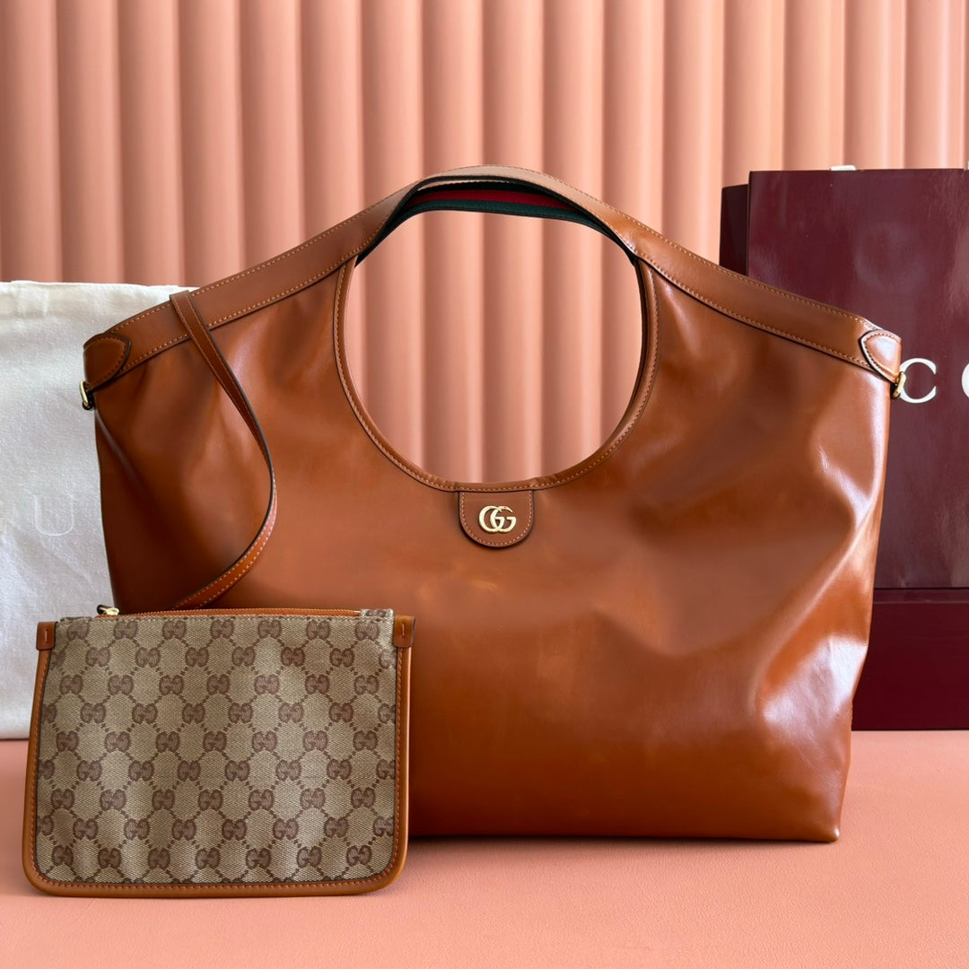 GUCCI 26S GIGLIO LARGE TOTE BAG 60 IN DARK BROWN SHINY CALFSKIN