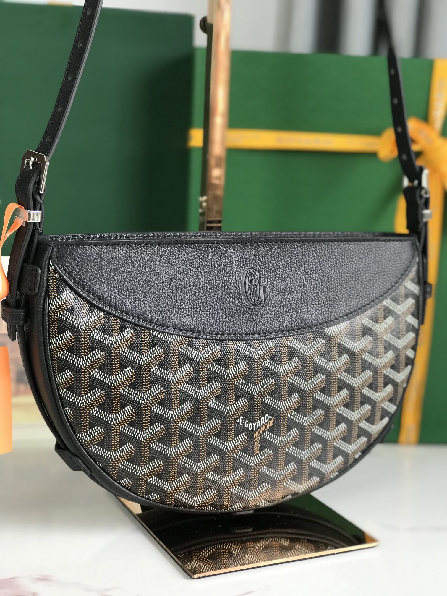 HIRONDELLE BAG 25 IN BLACK LAMBSKIN AND GOYARDINE CANVAS