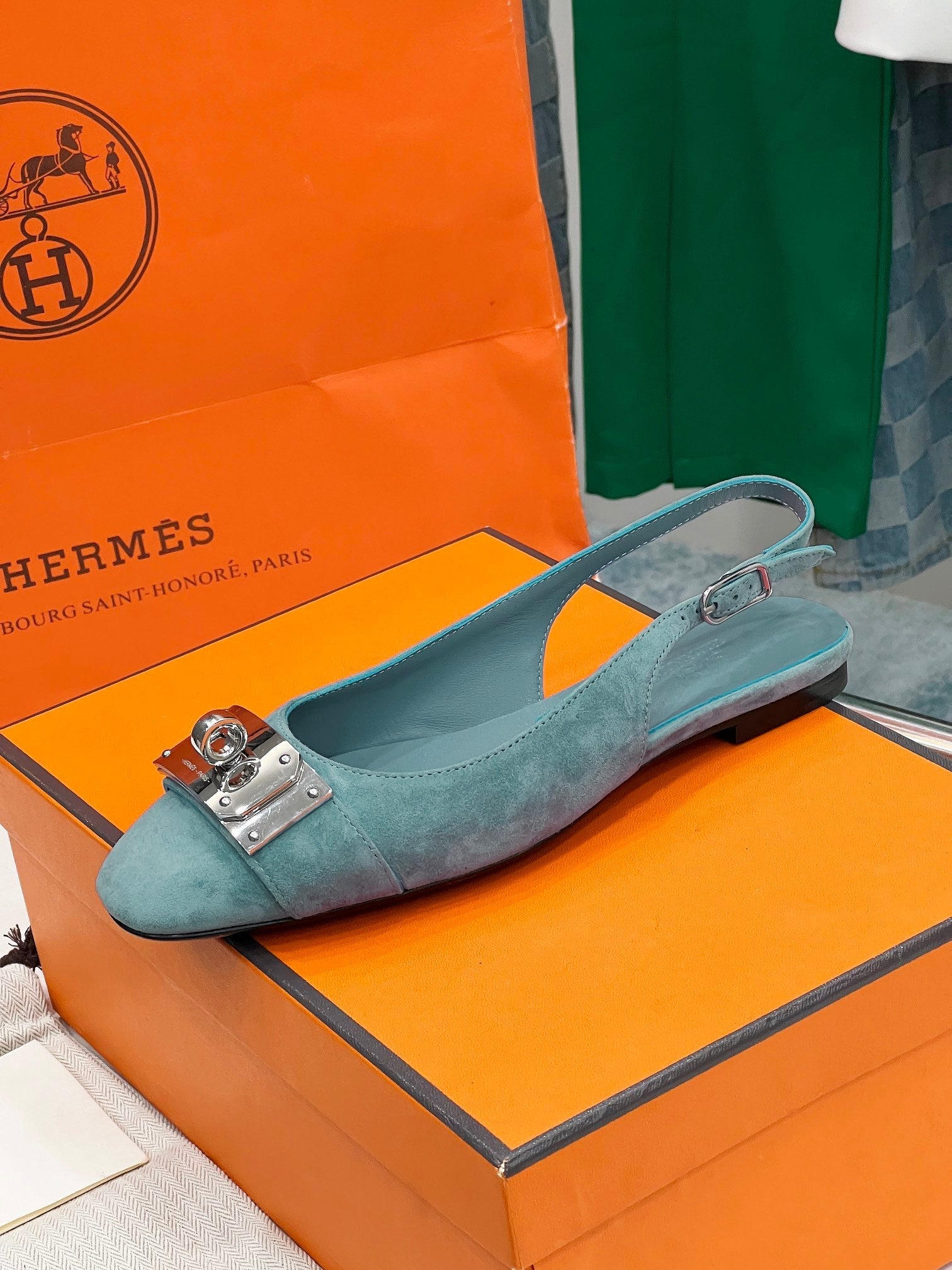 HERMES INNOCENTE SLINGBACK TEAL SUEDE