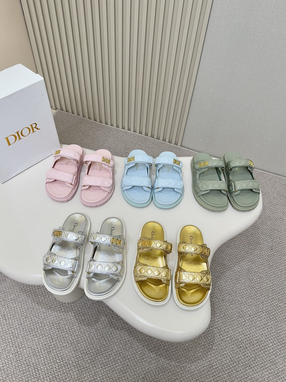 DIOR CLASSIC DOUBLE-STRAP SLIDES 25S IN PALE TEAL GRAY CALFSKIN