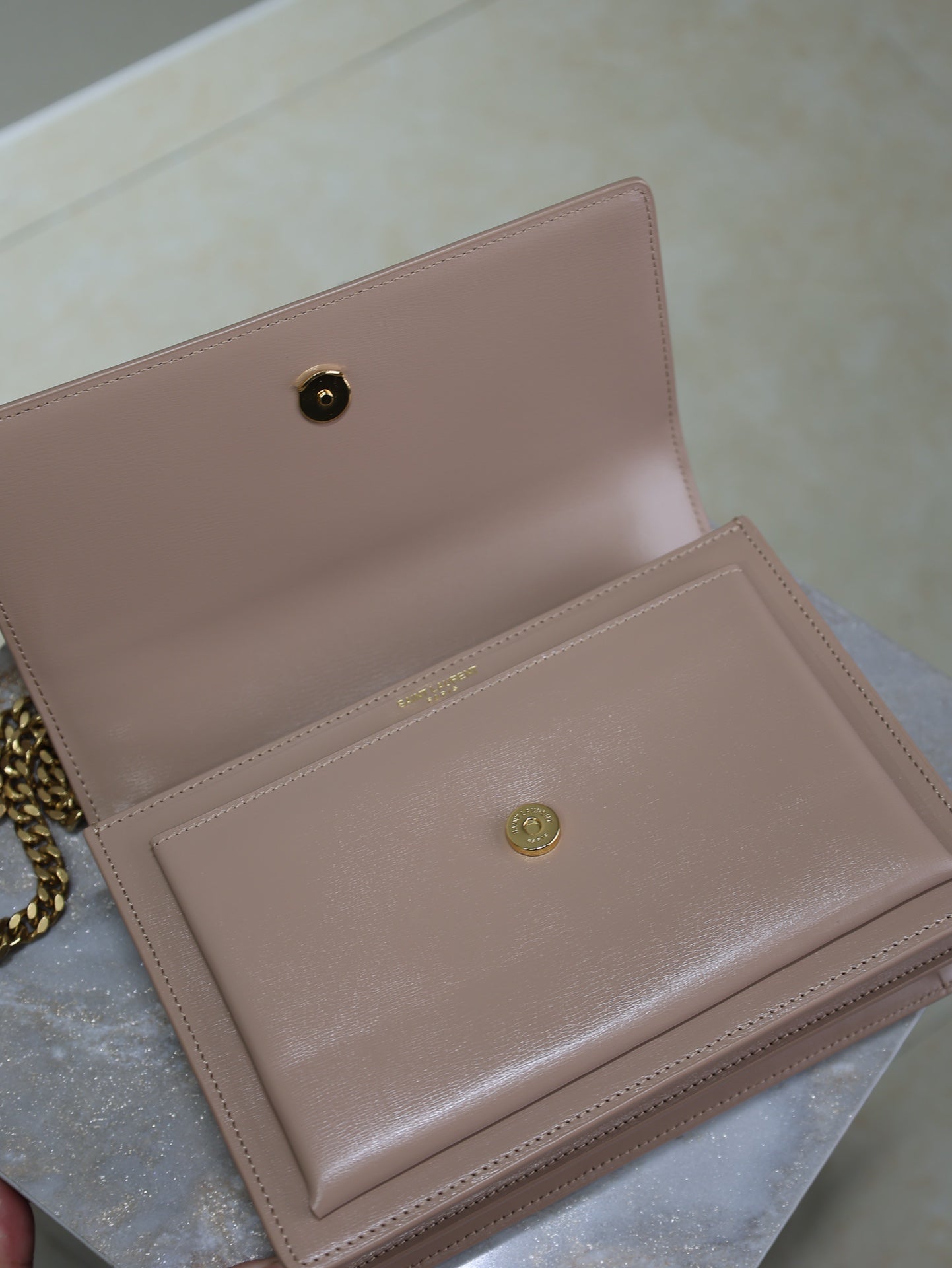YSL 25S SUNSET BAG 22 IN WARM TAUPE PINK CALFSKIN GOLD HARDWRE